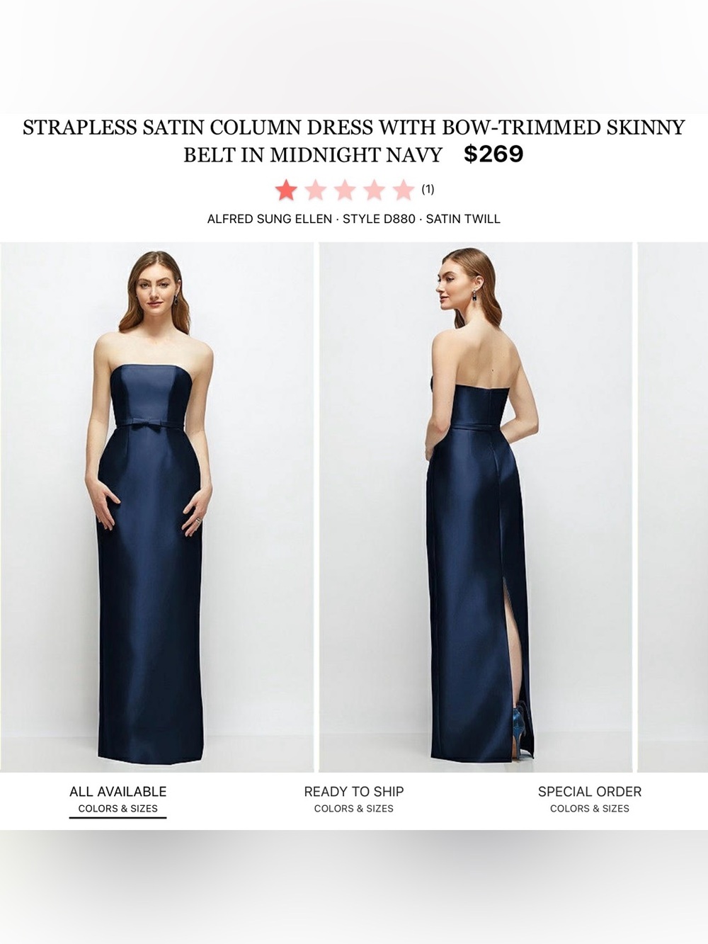ALFRED SUNG Strapless Satin Column Dress in Midnight Navy